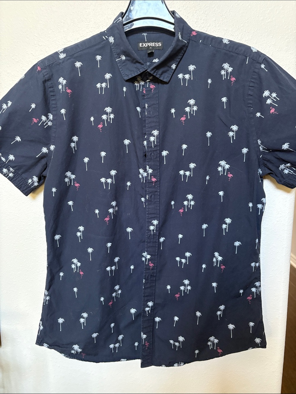 Express Navy Short-Sleeve Button-Up Shirt with Palm & Flamingo Print